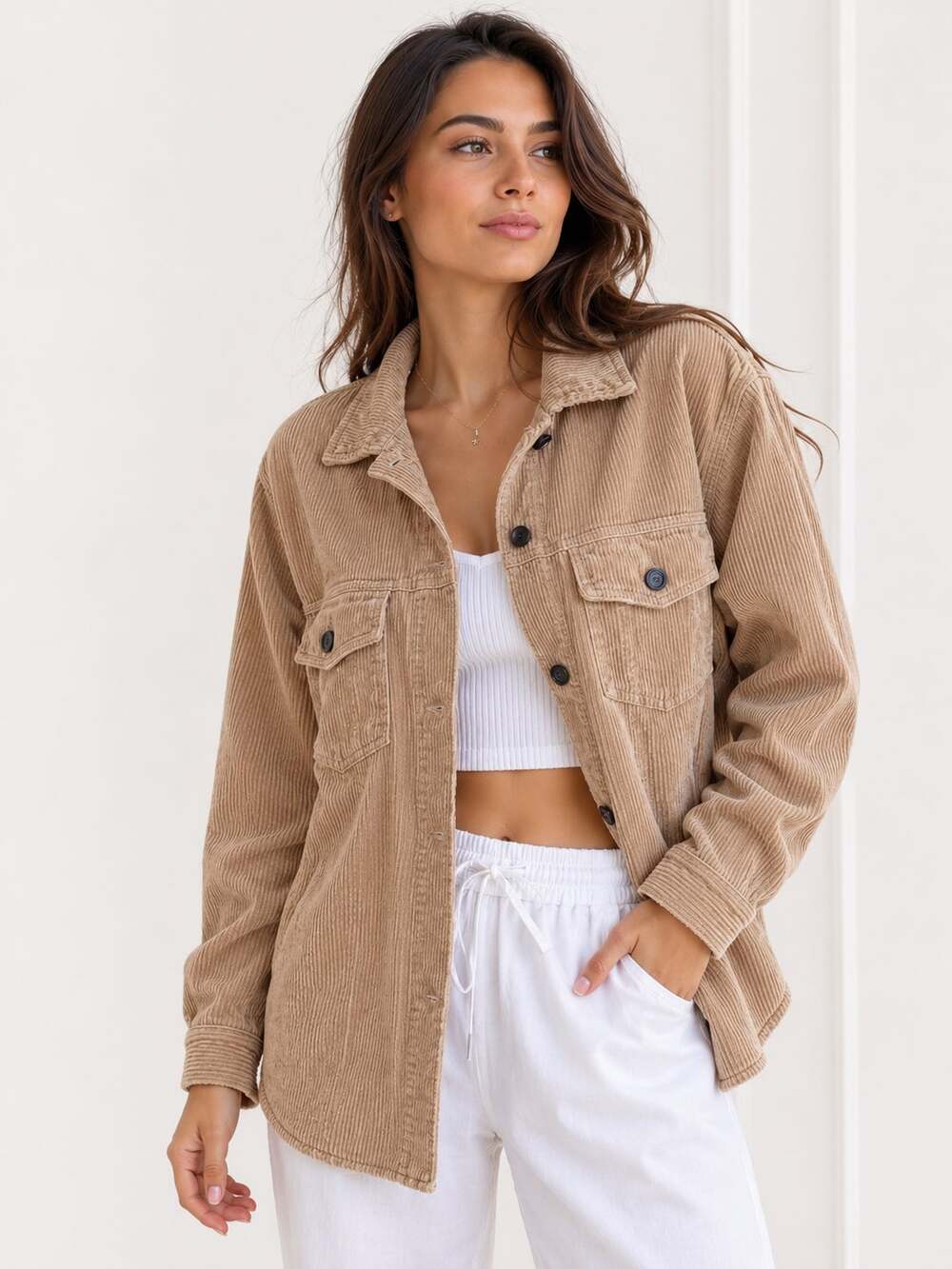 ZARA Women Corduroy Shacket S Beige Tan Oversized Button Up Shirt Jacket